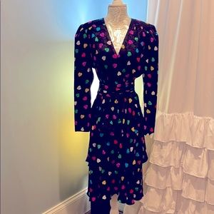 VINTAGE BLACK MULTICOLORED SCATTERED HEARTS DRESS